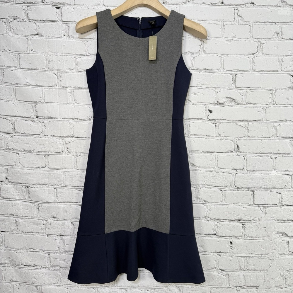 J Crew Sleeveless Ponte‎ Knit Dress Size 0 Navy Gray Colorblock Ruffle Hem A4162